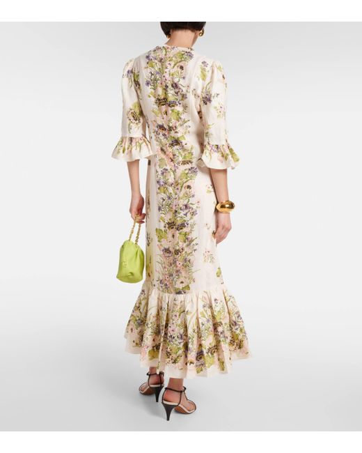 Zimmermann Metallic Halliday Floral Ruffled Linen Maxi Dress