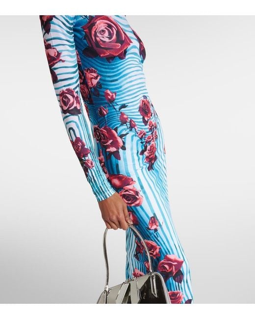Jean Paul Gaultier Blue Flower-Print Slim-Fit Stretch-Woven Maxi Dress