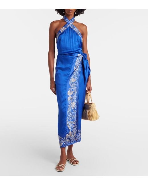 Poupette Blue Hana Floral Halterneck Satin Midi Dress