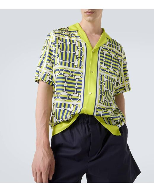 Gucci Green Printed Silk Twill Bowling Shirt for men