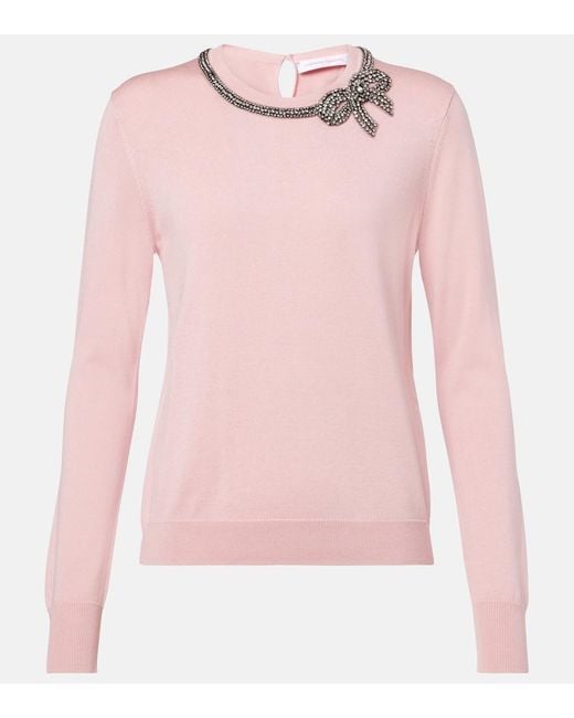 Carolina Herrera Pink Embellished Silk And Cotton Sweater