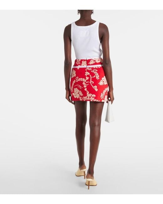 MARINE SERRE Red Leather-Trimmed Jacquard Miniskirt
