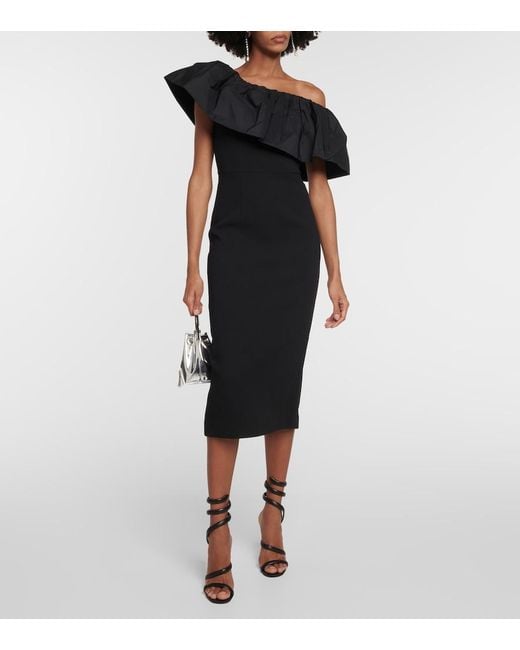 Rebecca Vallance Black After Hours One-shoulder Taffeta-paneled Crepe Midi Dress