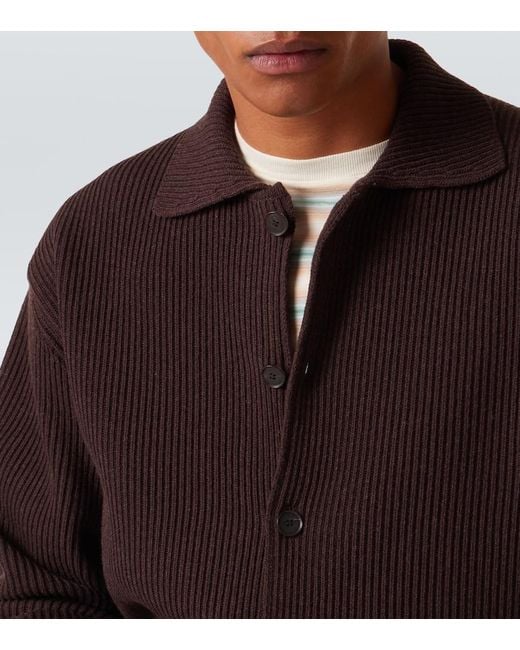 Auralee Brown Ribbed-Knit Wool Cardigan for men