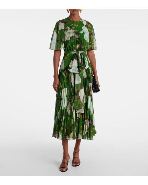 Erdem Green Floral-Print Short Sleeve Stretch-Cady Midi Dress