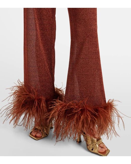 Oseree Red Lumiere Plumage Feather-Trimmed Straight Pants