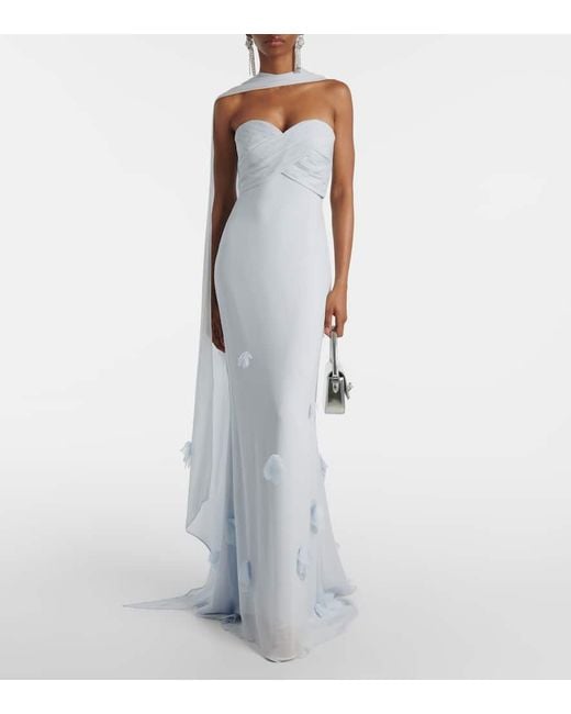 Self-Portrait White Floral-Applique Silk-Detail Georgette Gown