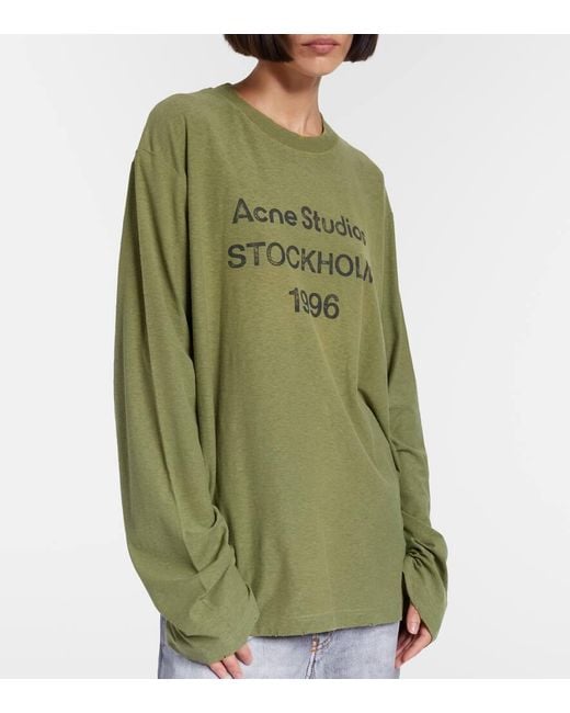 Acne Green Logo Printed Cotton And Hemp T-Shirt