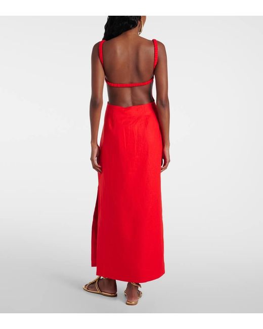 Sir Red Primrose Ruched Linen Maxi Dress