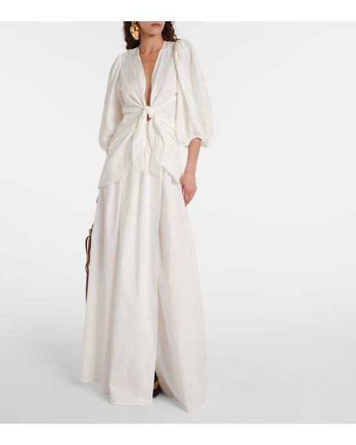 Adriana Degreas White Puff-Sleeve Linen-Blend Blouse