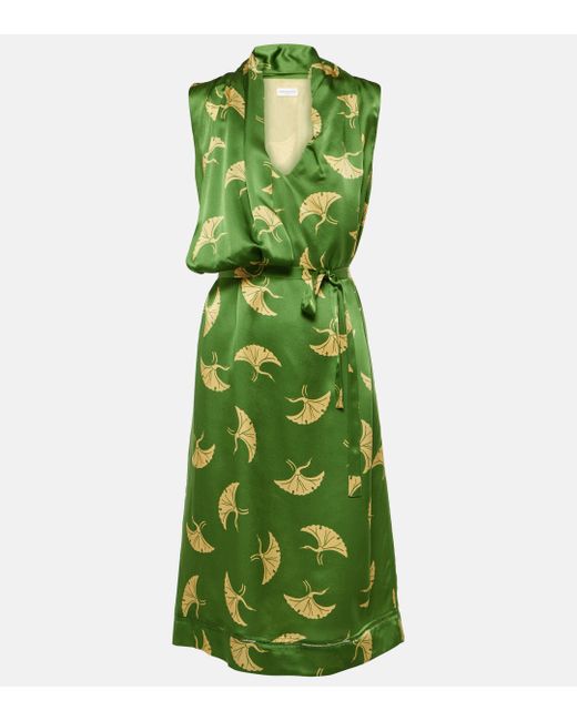 Dries Van Noten Green Draped Belted Printed Silk-satin Midi Dress