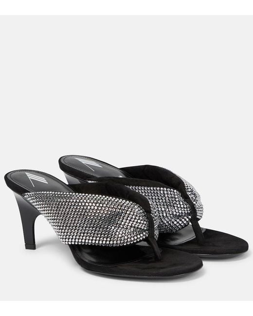 The Attico Black Rem Satin Crystal-Embellished Thong Sandals