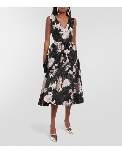 Monique Lhuillier Black Floral Jacquard Midi Dress