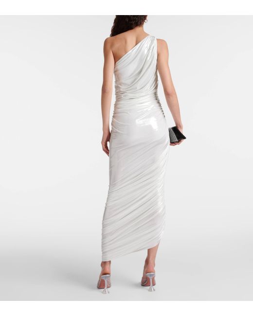Norma Kamali White Diana One-shoulder Ruched Lame Gown