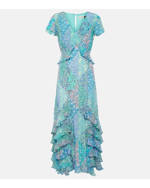Rixo Blue Thanvi Patchwork Silk Midi Dress