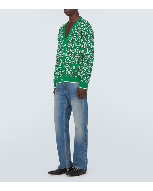Gucci Green Horsebit Jacquard Cotton Pique Cardigan for men