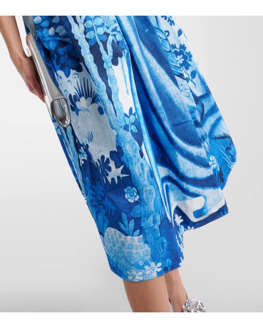 Erdem Blue Printed Cotton-blend Faille Midi Dress