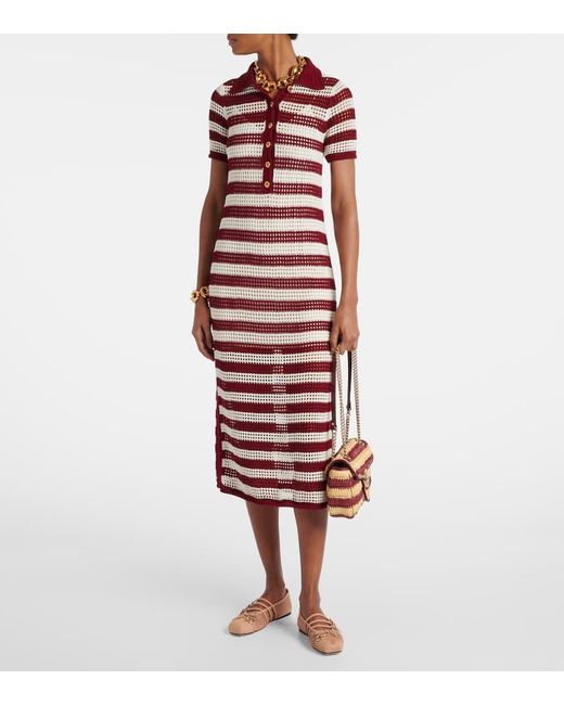 Gucci Red Open-Knit Striped Silk Polo Dress