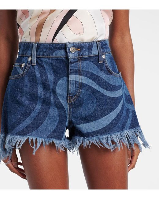 Emilio Pucci Blue Marmo Fringed Denim Shorts