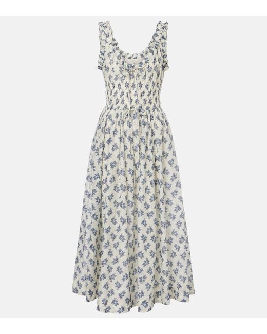 Doen White Emmaretta Floral Cotton Midi Dress