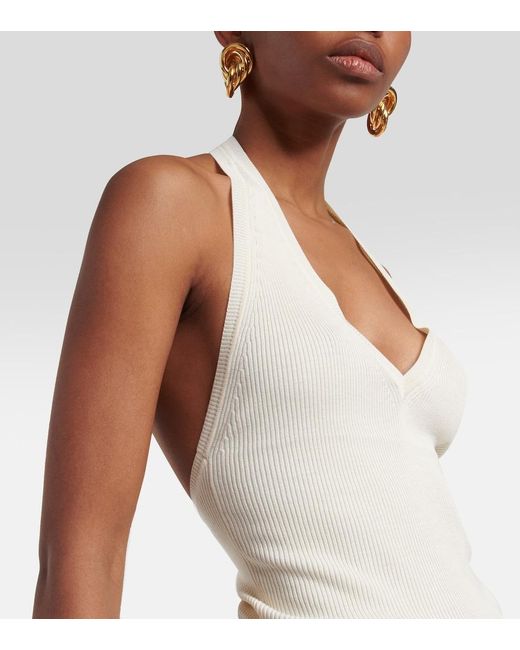 Nili Lotan White Ivey Ribbed-Knit Halterneck Silk Top