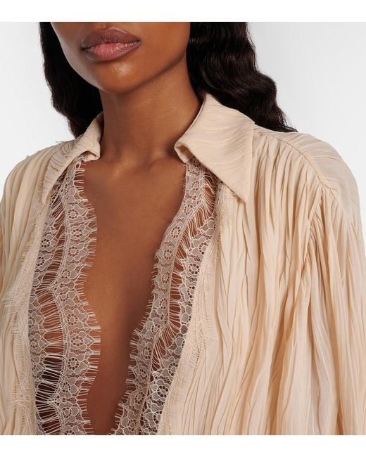 Blumarine Natural Lace-Trimmed Plisse Georgette Minidress