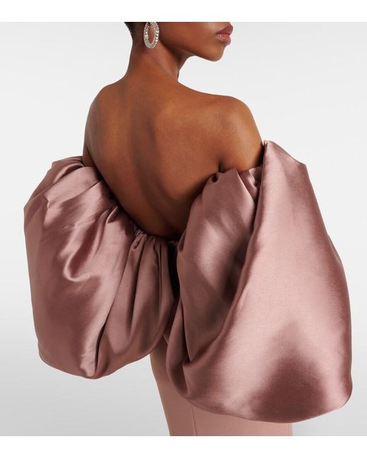 Solace London Pink Floris Satin-Trimmed Off-Shoulder Gown
