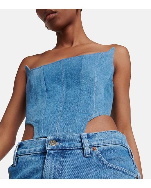 GIUSEPPE DI MORABITO Blue Floral-Applique Denim Bustier