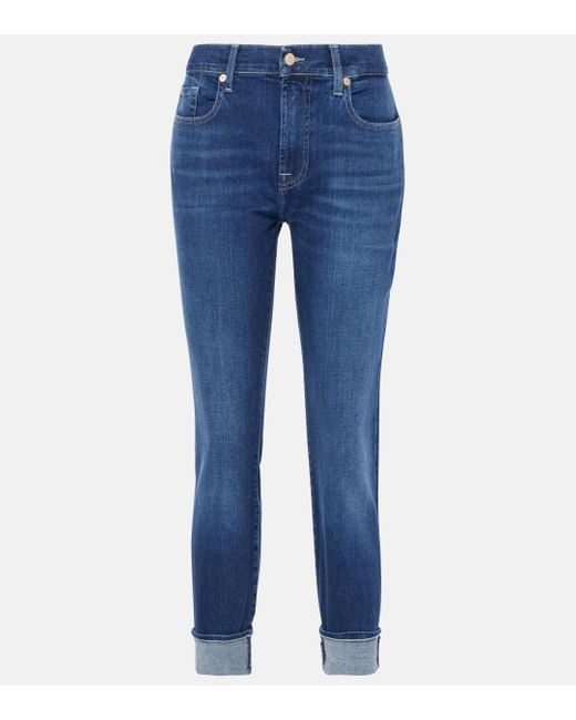 7 For All Mankind Blue Mid-rise Cropped Skinny Jeans