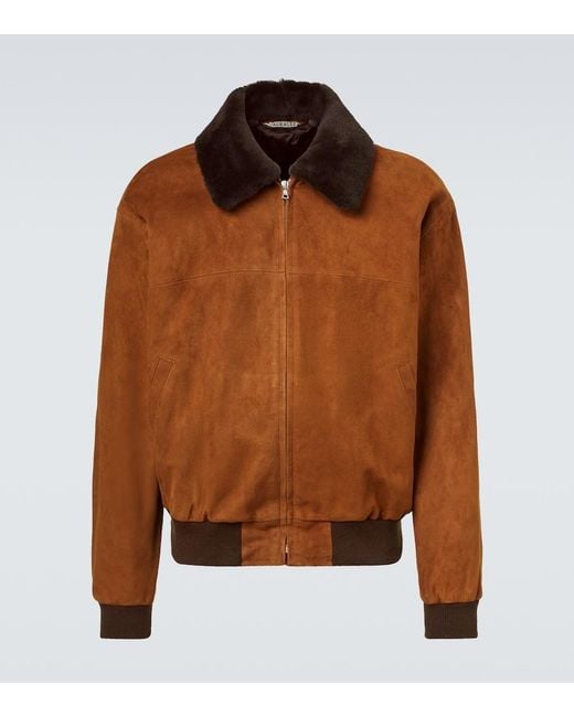 Auralee Brown Shearling-Trimmed Suede Blouson Jacket for men