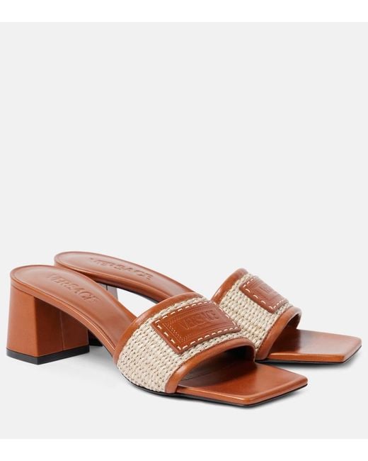 Versace Brown Theia Barocco Leather-Trimmed Raffia Mules