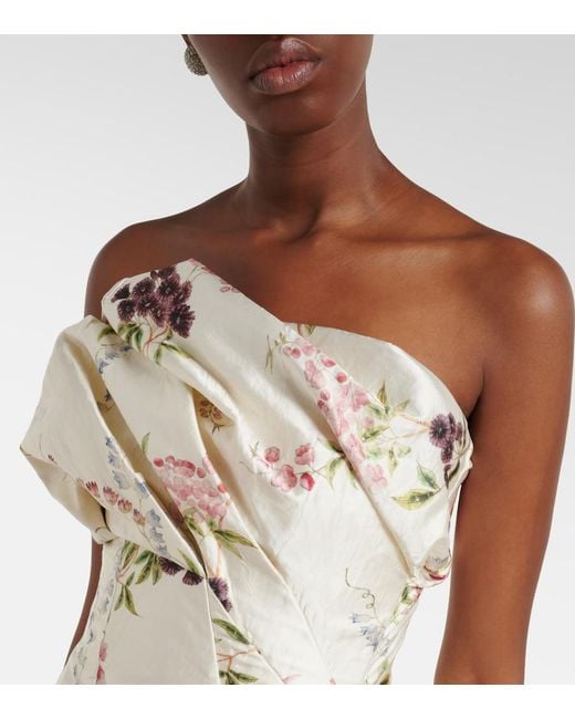 Erdem Natural Draped Floral Satin Cocktail Dress