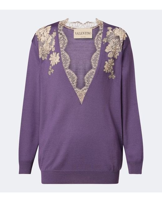 Valentino Purple Lace-Trimmed Virgin Wool Sweater