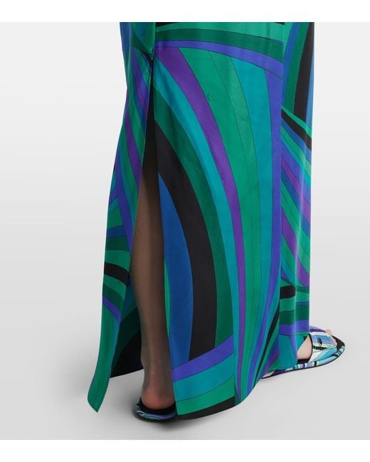 Emilio Pucci Blue Layered Printed Silk-Twill Maxi Dress