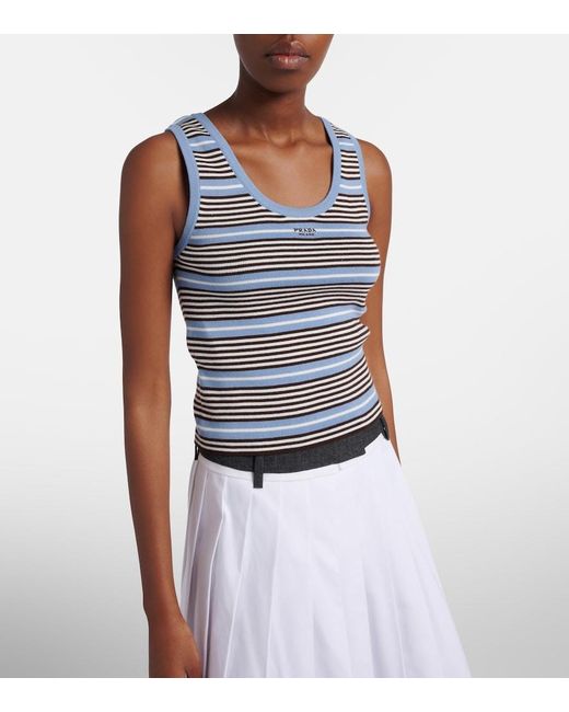 Prada Blue Striped Cotton-Blend Tank Top