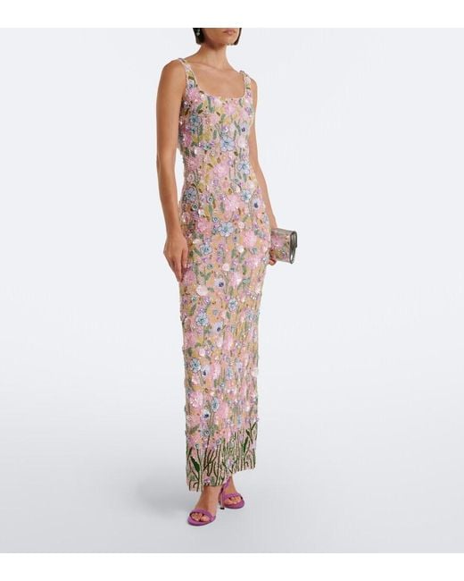 La Fuori Pink Embellished Floral-Applique Gown