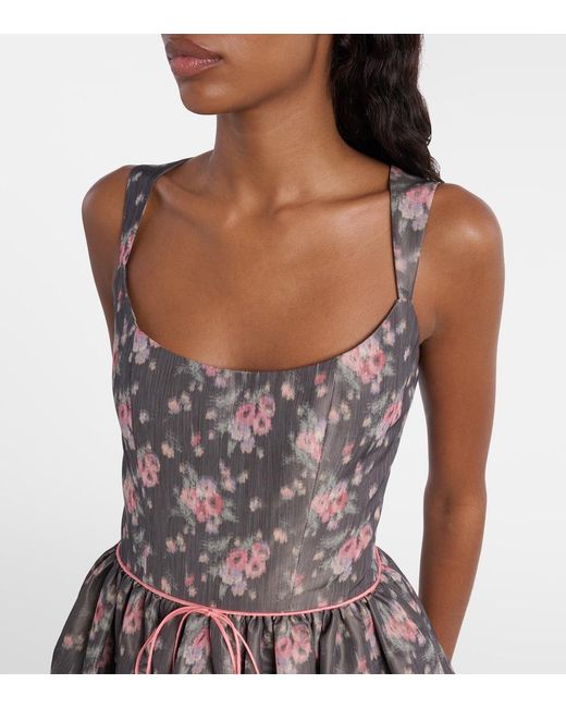 Markarian Gray Apple Floral Taffeta Corset Midi Dress