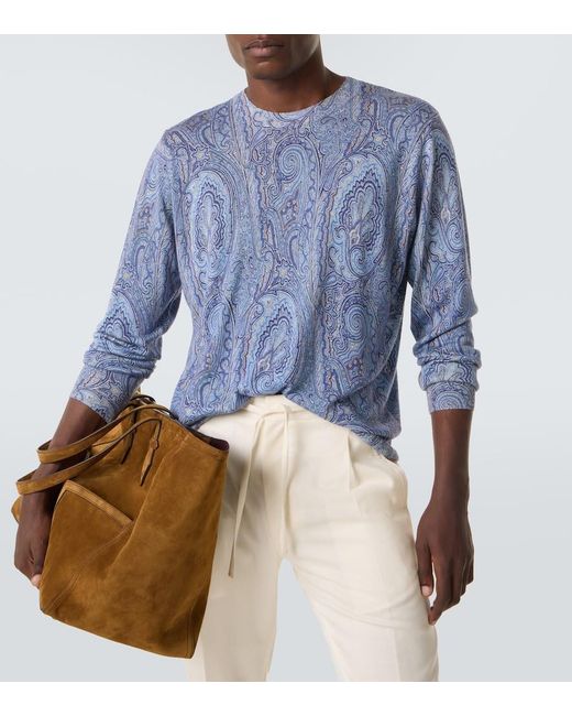 Etro Blue Paisley Silk And Cashmere Sweater for men