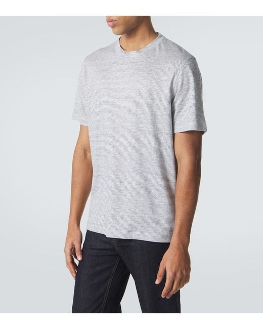Brioni Gray Striped Linen And Cotton T-Shirt for men