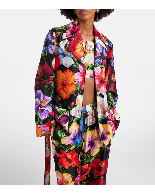 Dolce & Gabbana Red Belted Floral Silk Shirt