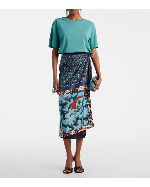 Dries Van Noten Blue Printed Silk Wrap Skirt