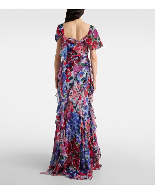 Carolina Herrera White Floral Ruffled Chiffon Gown