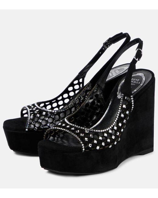 Rene Caovilla Black Embellished Suede Platform Sandals