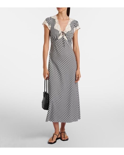 Rixo Gray Amari Lace-Trimmed Checked Midi Dress