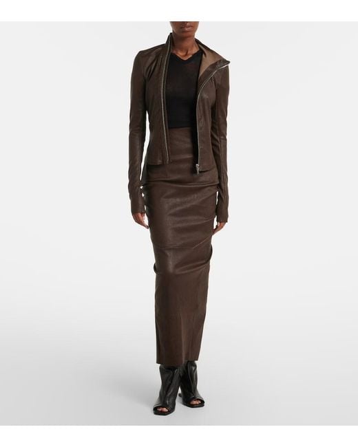 Rick Owens Brown Dirt Pillar Leather And Cotton Midi Skirt
