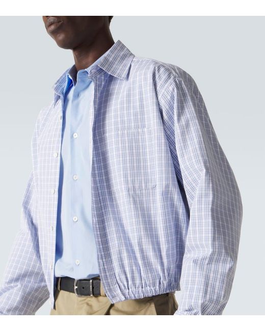 Prada Blue Checked Gathered Cotton Shirt for men