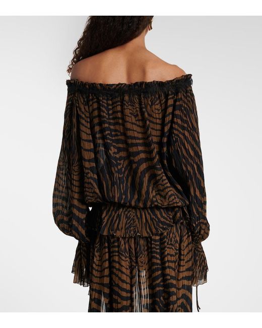 Blumarine Black Lace-Trimmed Zebra-Print Chiffon Top