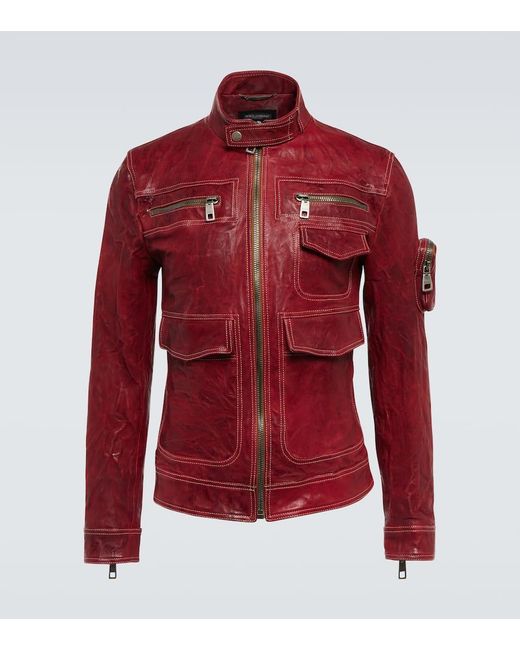 Dolce & Gabbana Red Multi-Pocket Washed Leather Jacket for men