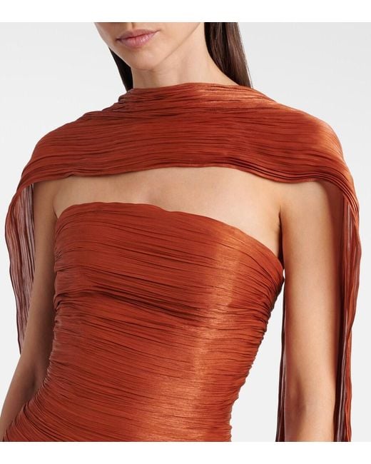 Marmar Halim Red Draped Pleated Scarf-Detail Bustier Gown