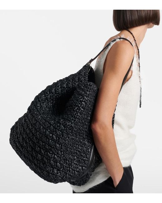 Totême  Black Belted Leather-Trimmed Raffia Tote Bag